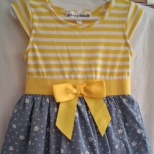 Cute Max & Daisy Yellow Stripe and Gray Daisy Bow Kids Dress.